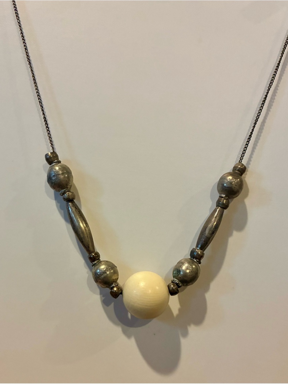 Vintage Silver Bead Necklace with Ivory Color Center Bead